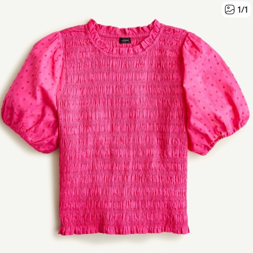 J. Crew Hot Pink Textured Dot Puff-Sleeve Smocked Top